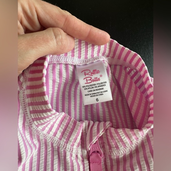 Ruffle Butts Pink Seersucker Rashguard and Tropical bottoms swim set - Picture 4 of 5